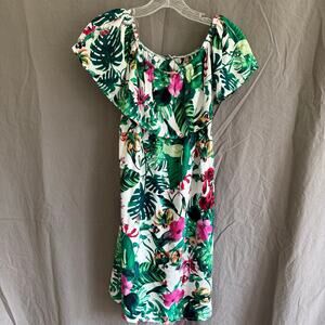 IRIS Tropical Floral Mini Dress Rayon Off Shoulder Resortwear Women's Size Small